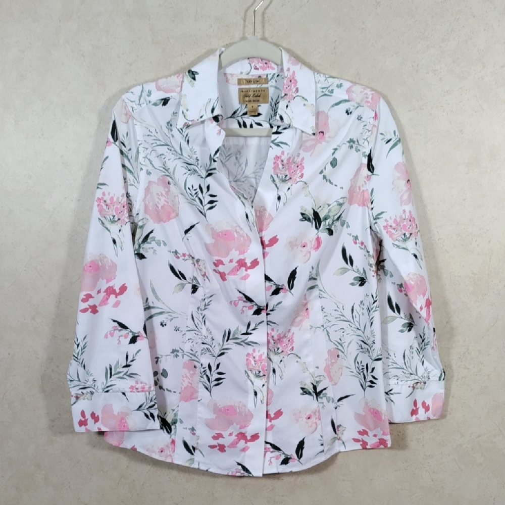 *D173 Investments Gold Label pink floral Non-Iron Taylor blouse 8 CLEARANCE